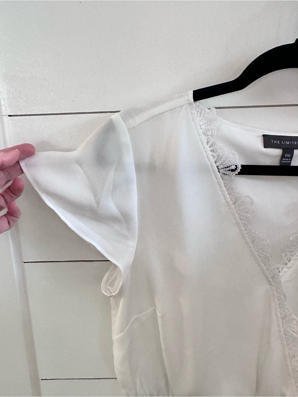 The Limited PM white V neck wrap style lace trim flounce sleeve blouse classic - Picture 5 of 12